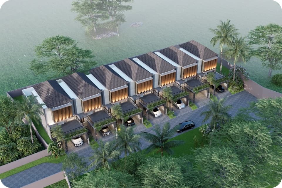 Tampak atas cluster Madava dengan tujuh villa dan taman di sekelilingnya