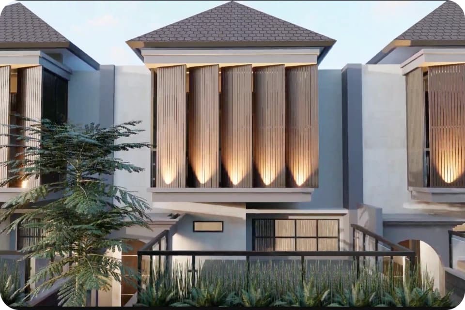 Fasad villa Madava dengan pencahayaan hangat di sore hari
