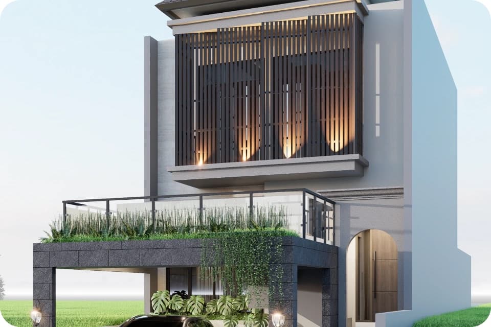 Balkon villa Madava dengan pagar kaca menghadap area terbuka