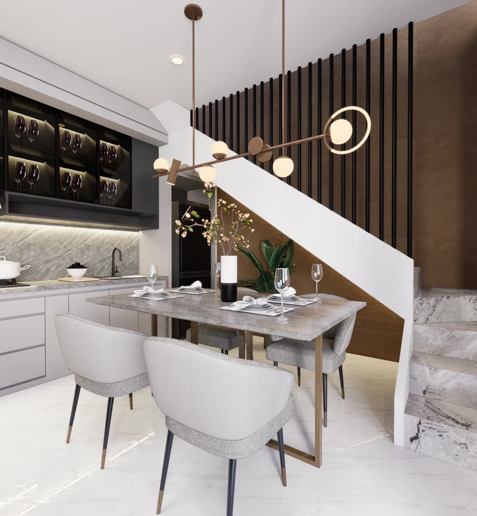 Dapur Madava dengan meja makan dan kabinet built-in
