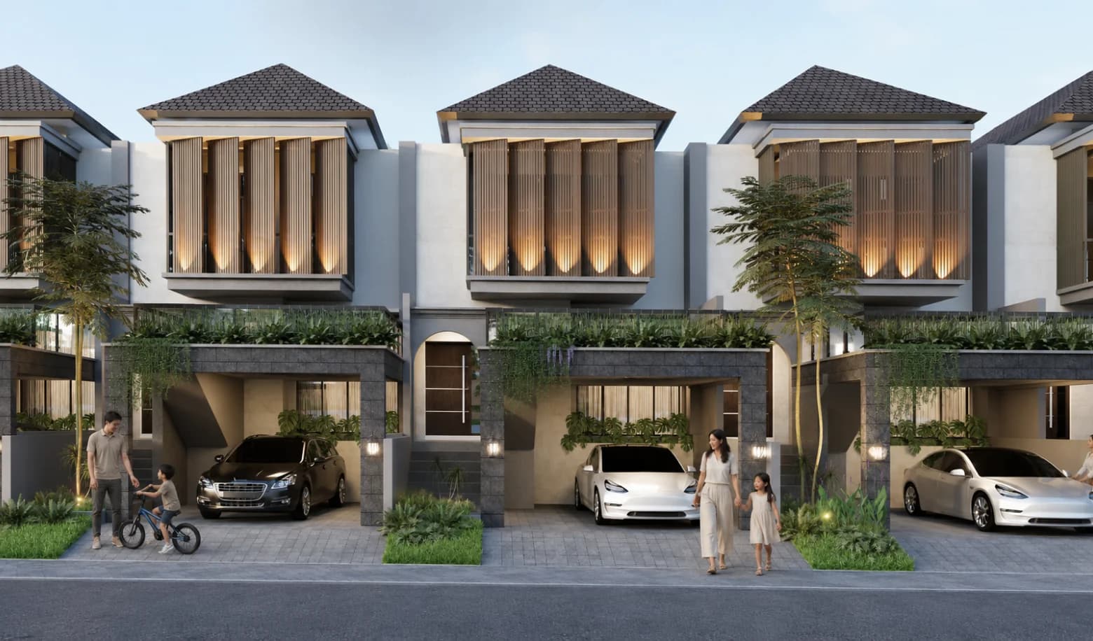 Dua villa Madava bersebelahan dengan penghuni beraktivitas di halaman depan