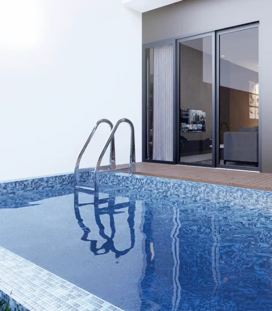 Private pool di teras belakang unit Madava dengan pintu kaca ke ruang dalam