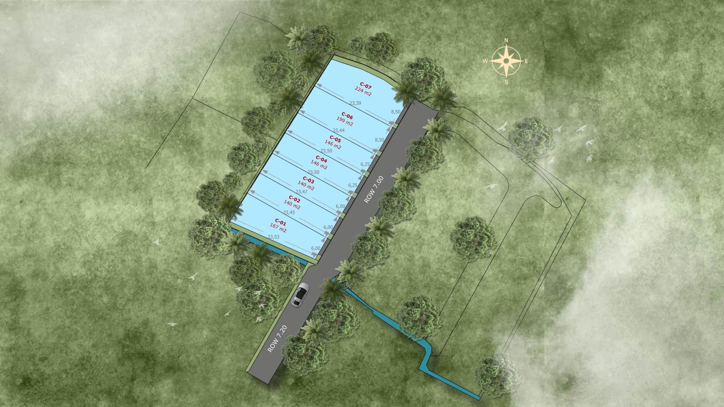 Siteplan cluster Madava dengan 7 unit villa C-01 sampai C-07 beserta luas kavlingnya